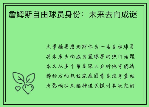 詹姆斯自由球员身份：未来去向成谜