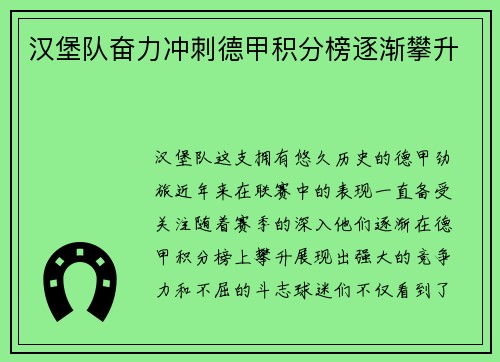 汉堡队奋力冲刺德甲积分榜逐渐攀升